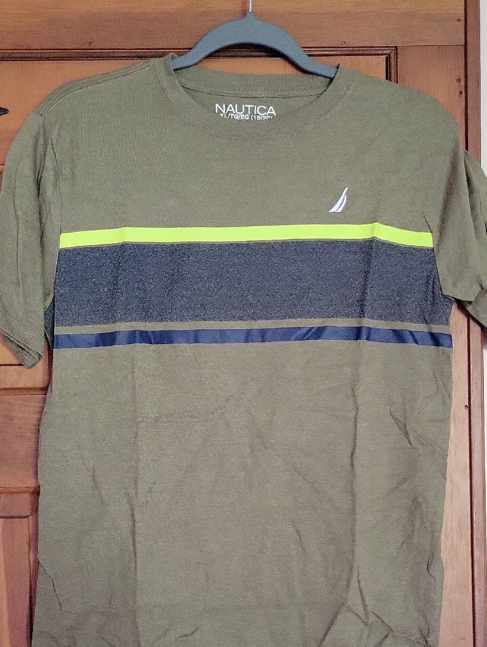 Nautica Olive Green Striped Crew Neck T-Shirt